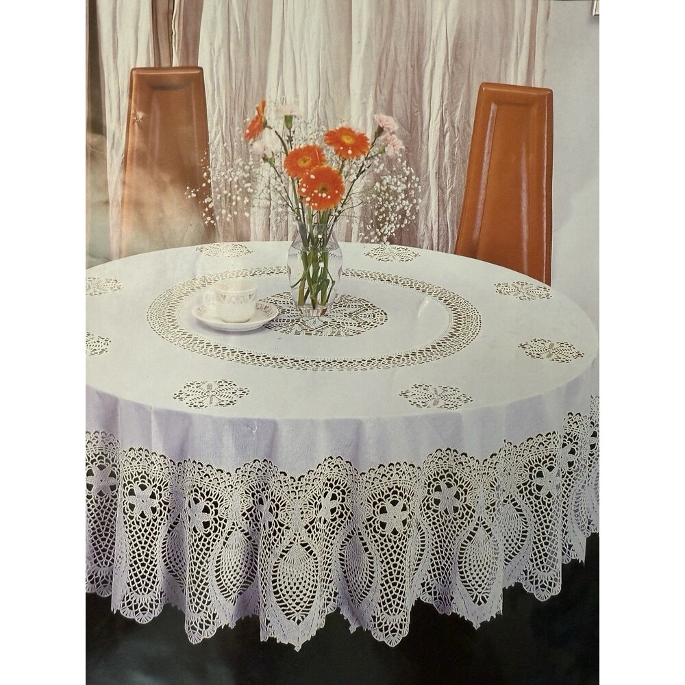 White Crochet~Fine Deluxe VINYL Tablecloth~63" ROUND~Wipe Clean~NIP